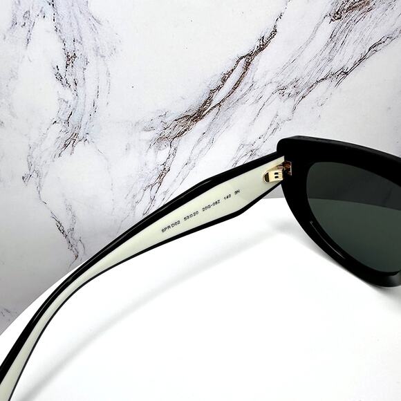 New PRADA Sunglasses Black White Talc Gold Symbole Oval Cat Eye Womens